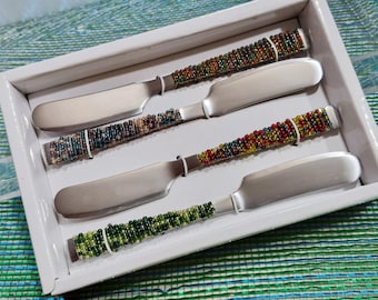 Vintage New Old Stock Hand-Beaded Stainless Steel Charcuterie Barware Spreader Knives