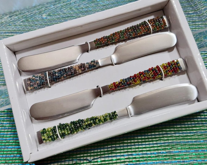 Vintage New Old Stock Hand-Beaded Stainless Steel Charcuterie Barware Spreader Knives