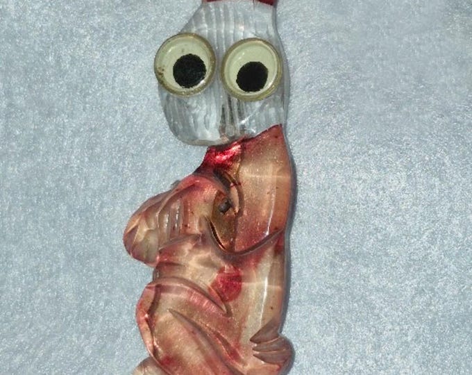Rare Kitschy 1940s Googly Eyed Pink Swirl Reverse Carved Lucite Rabbit Pin Brooch