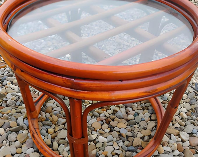 Small Rattan Table with Glass Top, Great Condition - READ Description Regarding Shipping