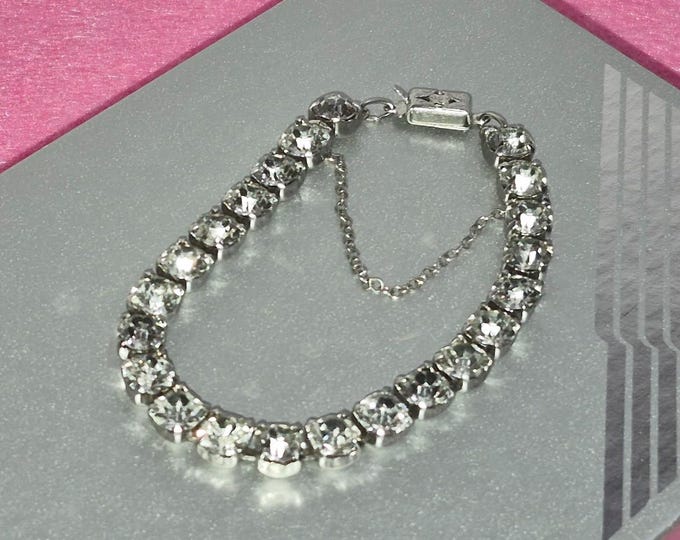 Vintage Art Deco Sterling Silver Tennis Bracelet with Rhinestones, Box Clasp, and Guard