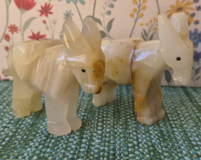 Pair of Handcarved Mid Century Onyx Calcite Burro Donkey Figurines Pencil Holders