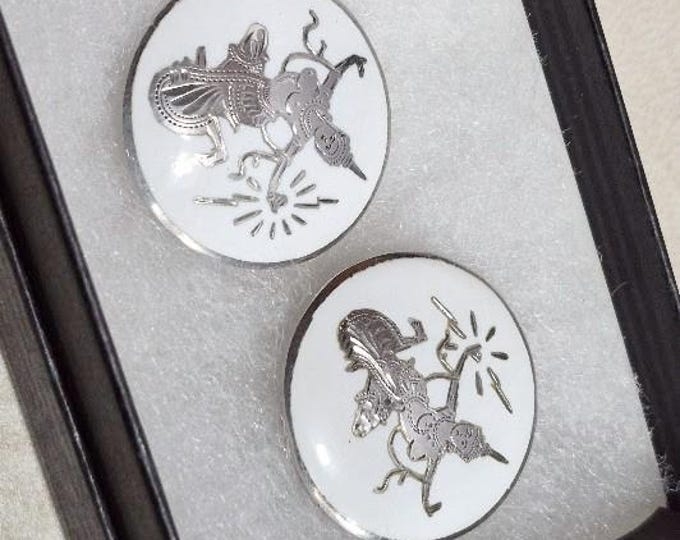 Vintage Sterling Silver and Enamel Goddess Clip-On Earrings made in Siam