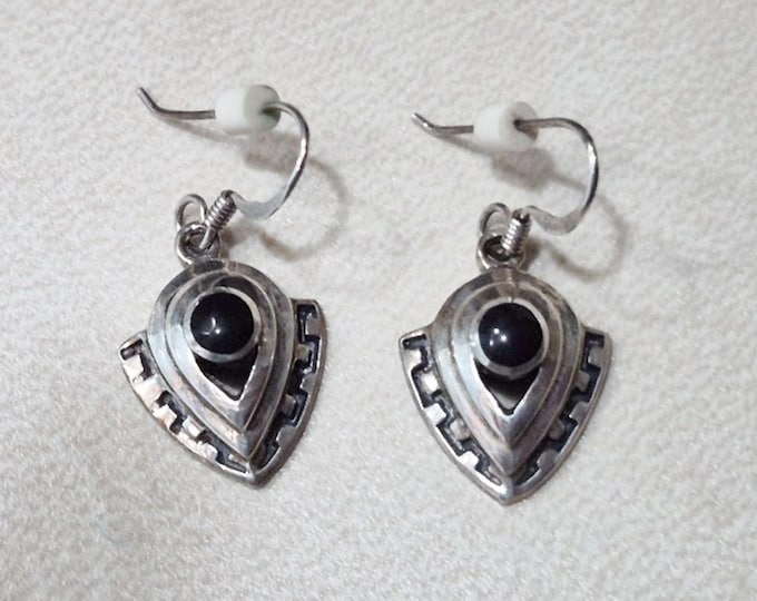 Vintage Sterling Silver 925 Black Onyx Southwest Art Deco Earrings