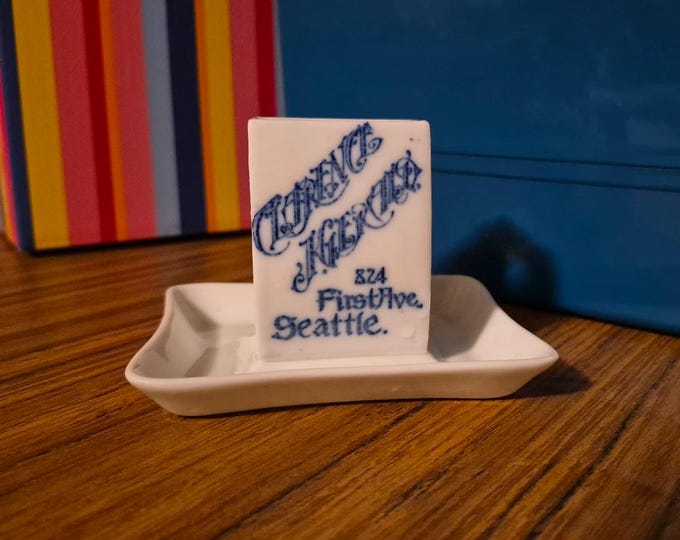 Antique Porcelain 1916 Nippon Match Holder and Ashtray with Hand-Painted Name and Seattle Address