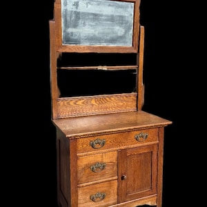 Pick Up Only - Antique 1800s American Chestnut Wash Stand with Towel Bar & Mirror - Contact Shop Before Purchase