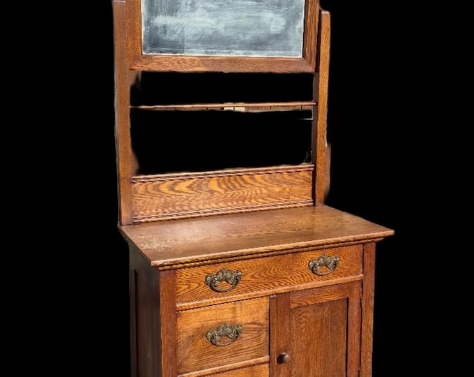 Antique 1800s American Chestnut Wash Stand with Towel Bar & Mirror - READ Description Re: Shipping