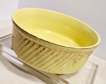 Midcentury Hall's China -- Yellow and Gold French Baking Serving Dish Souffle Casserole