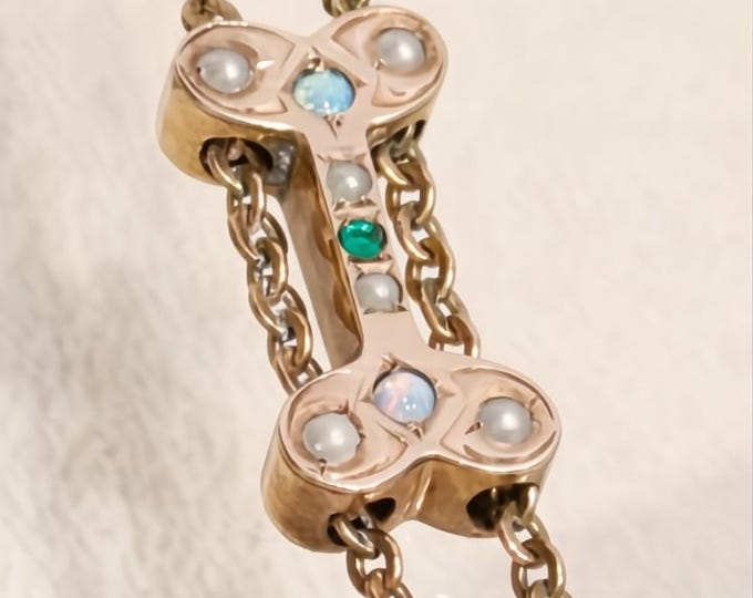 Antique Edwardian Gold-Filled Dog Bone Chain Slide with Opals, Pearls, Emerald, Pen Minder