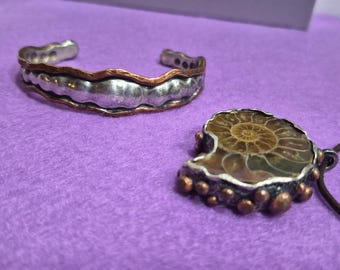 Vintage Set: Signed Arriaga 925 Sterling Ammonite Pendant Necklace and Bracelet