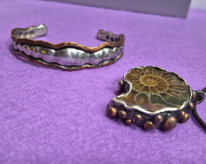 Vintage Set: Signed Arriaga 925 Sterling Ammonite Pendant Necklace and Bracelet