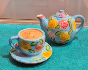 Vintage Floral Salt and Pepper Shakers -- Teapot and Cup with Saucer by Ganz