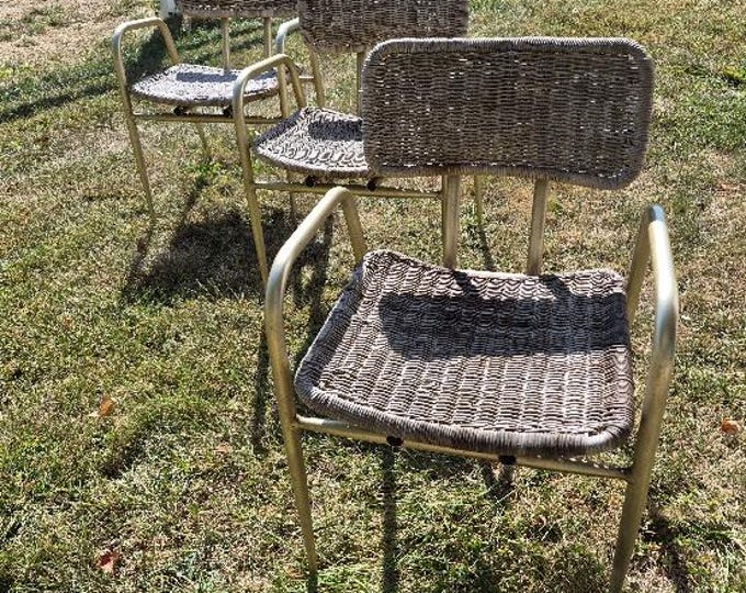 Vintage Troy Sunshade Patio Chairs (Gold Al & Wicker), 1950s Atomic - READ Description Re: Shipping