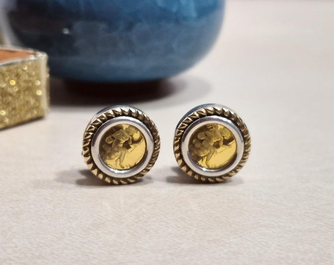 Vintage Estate Italian 18K Yellow Gold 925 Sterling Silver Intaglio Venetian Glass Earrings
