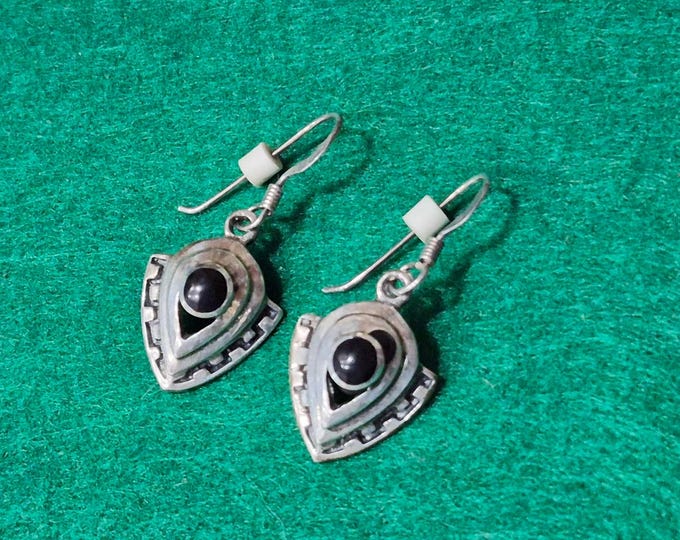 Vintage Sterling Silver 925 Black Onyx Southwest or Art Deco Earrings