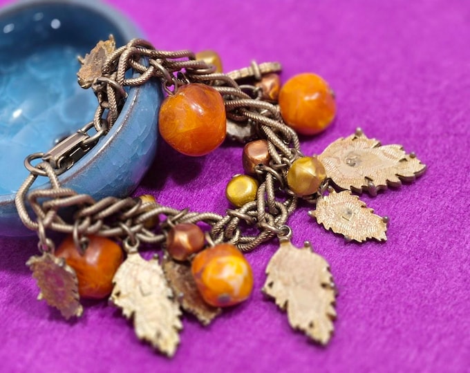 Vintage Brass Tone Orange Beaded Leaf Charm Bracelet