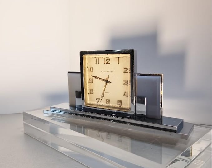 Vintage 1930s C. Bucherer Art Deco Swiss Made Clock – Chrome & Blue Skyscraper Style (Not Running)