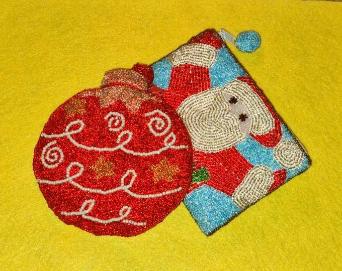 Pair of Vintage Beaded Holiday Zipper Coin Purses -- New Old Stock