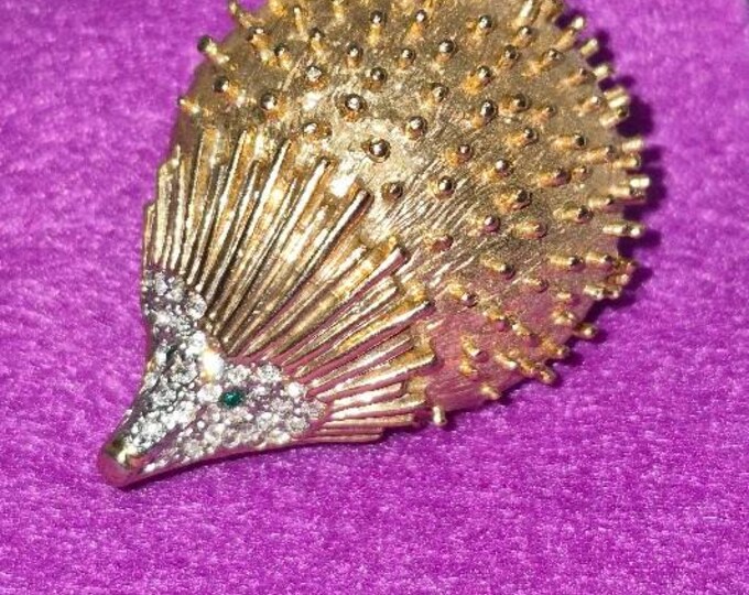 Vintage Gold Tone Hedgehog Brooch with Rhinestone Embellishments