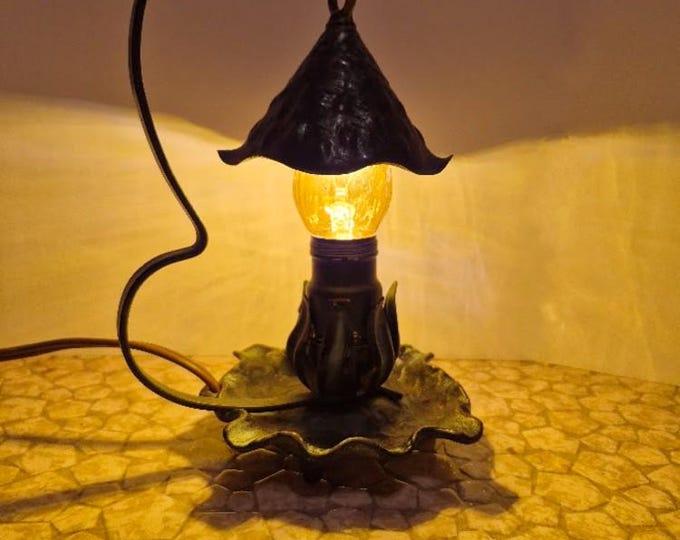 Antique Arts & Crafts - Gothic Revival Metal Lamp - Fairy Tudor Tolkien Folk Art Vibe