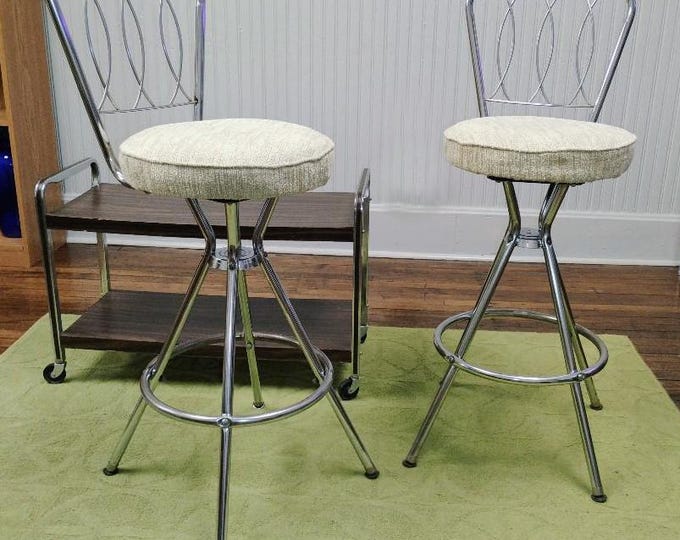 50s Comfort Lines Chrome Atomic Mid Century Modern Swivel Bar Stools - a Pair