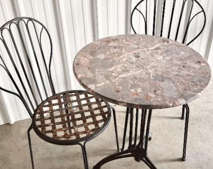 1900s French Brecciated Marble Top Bistro Set -- Table + 2 Chairs -- READ Description Regarding Shipping
