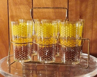 Vintage Polka Dot MCM Barware Glasses with Gold Tone Caddy -- 1960s