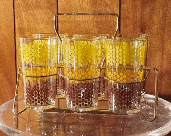 Vintage Polka Dot Barware Glasses with Gold Tone Caddy -- 1960s