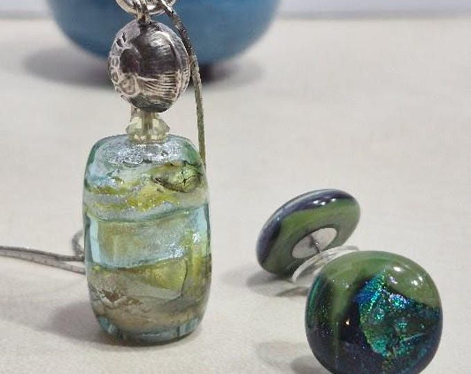 Art Glass Iridescent Lampwork Pendant Necklace with Fused Dichroic Stud Earrings - Set