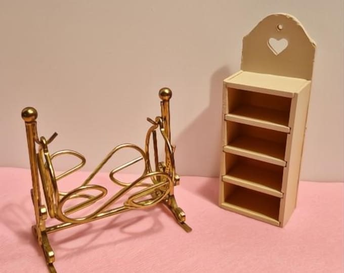 Vintage Dollhouse Miniatures -- Brass Cradle and Wooden Heart Shelf Set