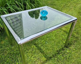 Postmodern Tubular Chrome and Glass Table – 80s Baughman-Style Minimalist Space Age Style