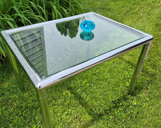 Postmodern Tubular Chrome and Glass Table – 80s Baughman-Style Minimalist Space Age Style