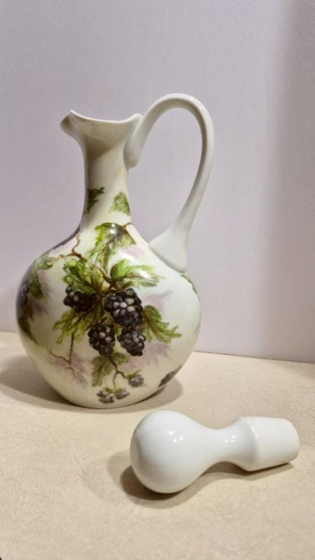 French Hand-painted Black Raspberry Porcelain Pitcher Limoges