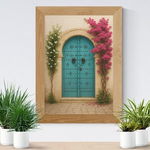 Tunisian Blue Door Print: Mediterranean Wall Art with Jasmine & Bougainvillea