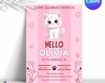 Pink Kitty Birthday Invitation: Girly Cat Party (Digital Invite)