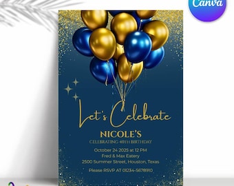 Royal Blue and Gold 40th Birthday Invitation, Canva Editable (Digital Download)