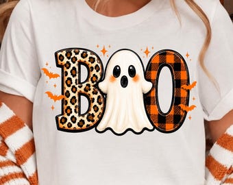 Boo Ghost PNG, Leopard Plaid Halloween PNG, Cute Spooky Season Ghost Shirt Design, Preppy Fall Sublimation, Instant Digital Download