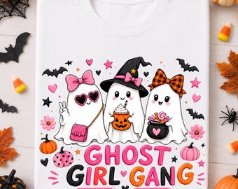 Ghost Girl Gang PNG, Cute Girly Halloween Ghost Trio, Coquette Spooky Season Sublimation Design for Best Friends Matching Shirts