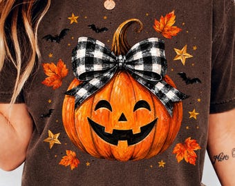 Jack O Lantern PNG with Gingham Bow, Cute Halloween Pumpkin Sublimation Design, Watercolor Fall Shirt Graphic, Digital Download