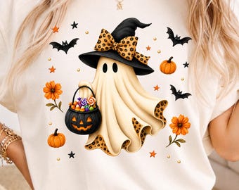 Coquette Leopard Ghost PNG, Cute Witch Hat Halloween Sublimation Design, Preppy Spooky Season Shirt and Tumbler Instant Download