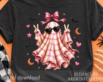 Coquette Ghost PNG, Pink Striped Bow Ghost with Heart Sunglasses, Girly Halloween Sublimation Design