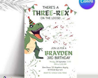 Dinosaur Birthday Invitation, Three Rex Party (Editable Template)