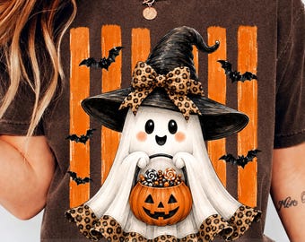 Leopard Ghost PNG, Coquette Halloween Witch Ghost, Cute Pumpkin Candy Bucket, Preppy Spooky Season Sublimation Shirt, Instant Digital File