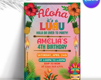 Tropical Hawaiian Birthday Invitation Aloha Luau Party Invite Editable Pineapple Birthday Template Summer Celebration Instant Download