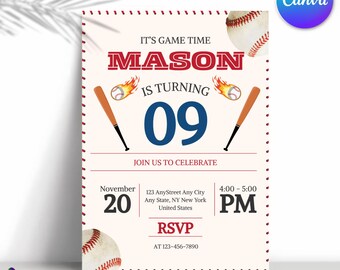 Baseball Birthday Invitation | Rookie of the Year, Game Time (Canva Template)