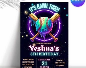 Baseball Boy Invite, Baseball Ice Cream Drip Birthday Invitation, Neon Party Drip Invite, Editable Canva Template