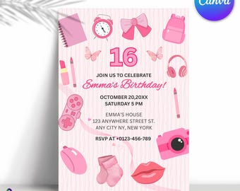 Pink Aesthetic Birthday Invitation, Teen Girl 10 Double Digits Pink Girl Party Invite Teen Party Editable Canva Template Any Age Celebration
