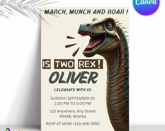 Two Rex Dinosaur Birthday Invitation, Editable Dino Party (PDF Template)