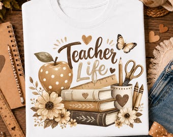 Leopard Teacher Apple PNG, Teacher Life PNG, School Supplies PNG, Pencil Scissors Ruler Books Png, Floral Boho Teacher Shirt, Back to School