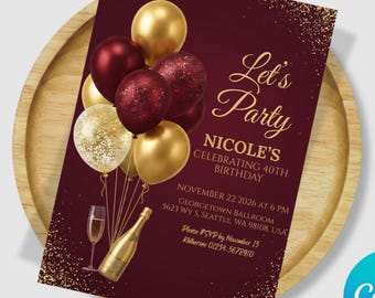 Editable Red and Gold Birthday Invitation, Let's Party Red Balloons Invite, Printable or Text Digital Template, Instant Download Card